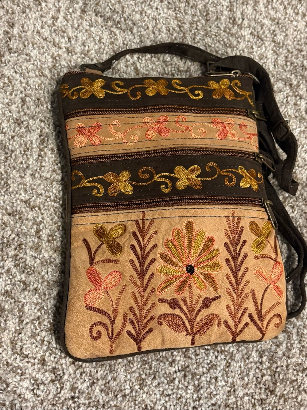 Embroidered Floral Crossbody Bag in Brown and Tan